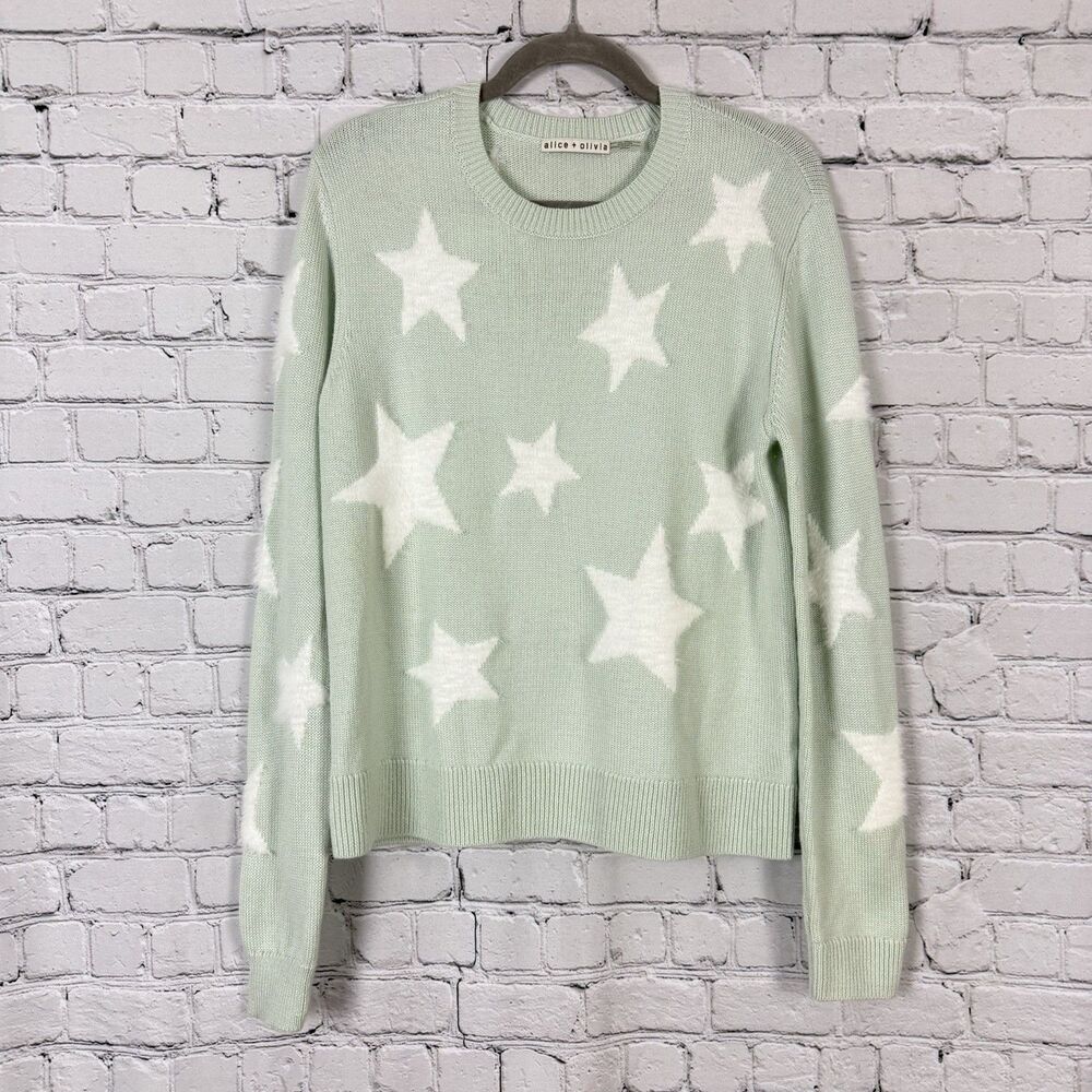 Alice + Olivia Andora Fuzzy Star Wool Blend Sweater Womens S in Light Green Chic - Picture 3 of 10